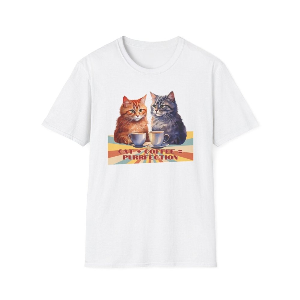 Funny Cat Coffee T-Shirt - Cat+Coffee=Purrfection - Cozy Gift Tee for Cat Lovers & Caffeine Addicts - Love From Snowy Shop