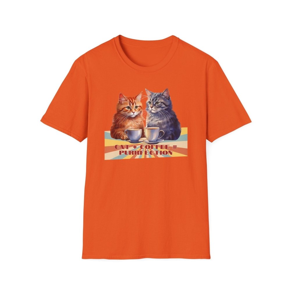 Funny Cat Coffee T-Shirt - Cat+Coffee=Purrfection - Cozy Gift Tee for Cat Lovers & Caffeine Addicts - Love From Snowy Shop