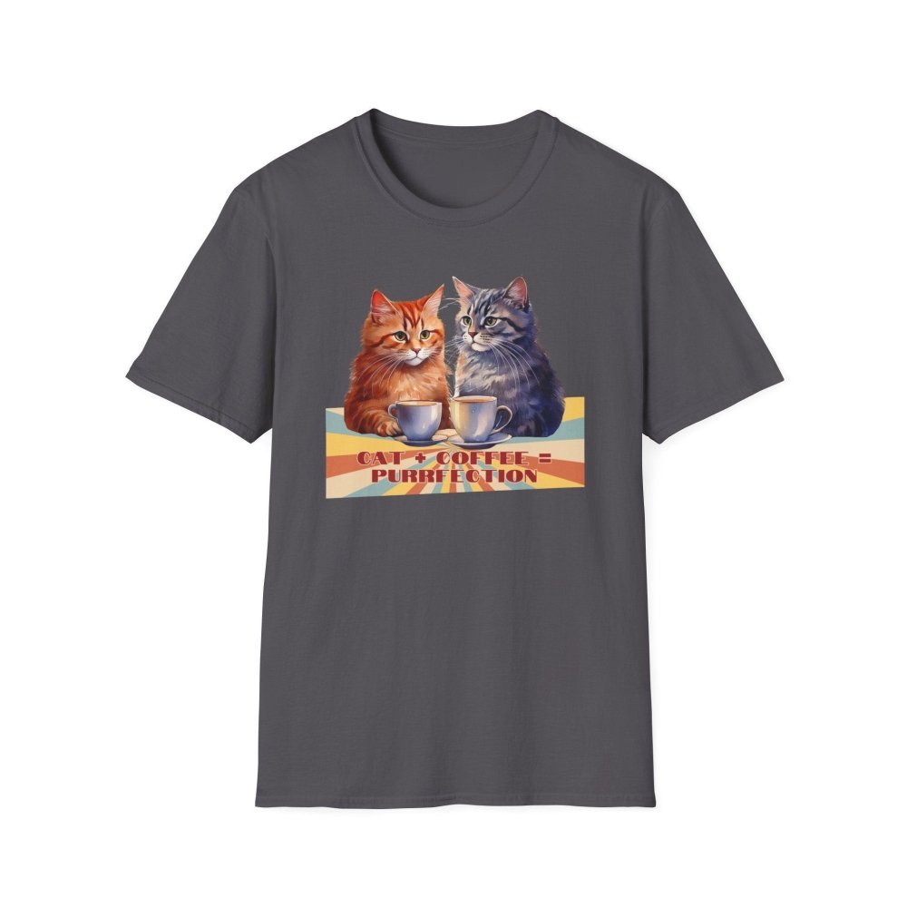 Funny Cat Coffee T-Shirt - Cat+Coffee=Purrfection - Cozy Gift Tee for Cat Lovers & Caffeine Addicts - Love From Snowy Shop
