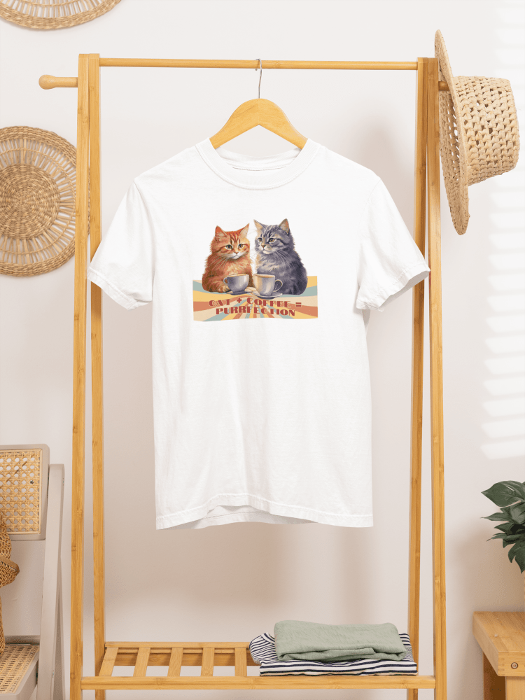 Funny Cat Coffee T-Shirt - Cat+Coffee=Purrfection - Cozy Gift Tee for Cat Lovers & Caffeine Addicts - Love From Snowy Shop