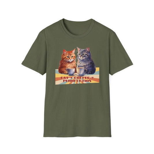 Funny Cat Coffee T-Shirt - Cat+Coffee=Purrfection - Cozy Gift Tee for Cat Lovers & Caffeine Addicts - Love From Snowy Shop